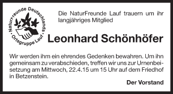Traueranzeige von Leonhard Schönhöfer von Pegnitz-Zeitung