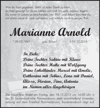 Traueranzeige von Marianne Arnold von Hersbrucker Zeitung