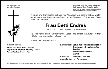 Traueranzeige von Betti Endres von Hersbrucker Zeitung