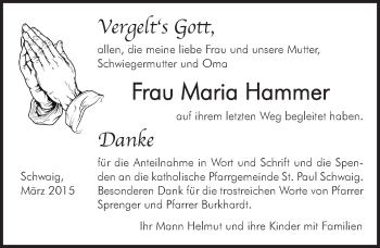 Traueranzeige von Maria Hammer von Pegnitz-Zeitung
