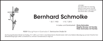 Traueranzeige von Bernhard Schmolke von Der Bote