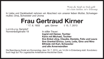 Traueranzeige von Gertraud Kirner von Der Bote
