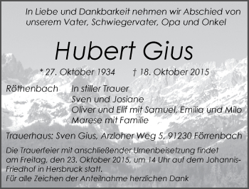 Traueranzeige von Hubert Gius von Pegnitz-Zeitung