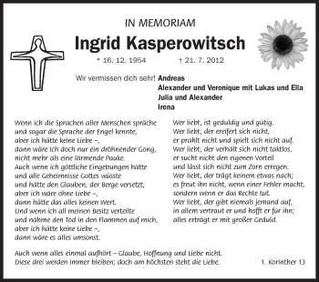 Traueranzeige von Ingrid Kasperowitsch von Der Bote