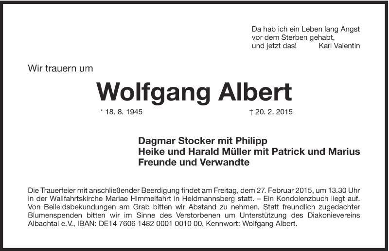  Traueranzeige für Wolfgang Albert vom 25.02.2015 aus Hersbrucker Zeitung