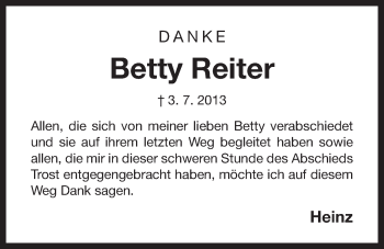 Traueranzeige von Betty Reiter von Der Bote