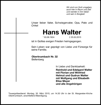Traueranzeige von Hans Walter von Hersbrucker Zeitung