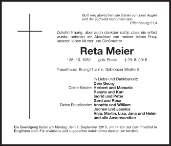 Traueranzeige von Reta Meier von Der Bote