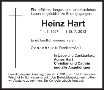 Traueranzeige von Heinz Hart von Der Bote