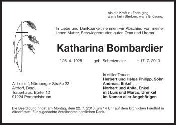 Traueranzeige von Katharina Bombardier von Der Bote