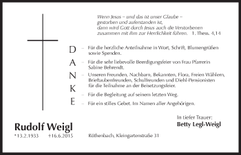 Traueranzeige von Rudolf Weigl von Pegnitz-Zeitung