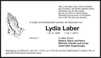 Traueranzeige von Lydia Laber von Der Bote