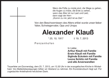 Traueranzeige von Alexander Klauß von Der Bote