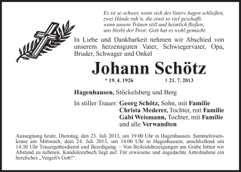 Traueranzeige von Johann Schötz von Der Bote