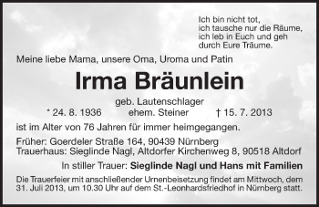 Traueranzeige von Irma Bräunlein von Der Bote