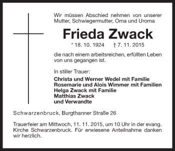 Traueranzeige von Frieda Zwack von Der Bote