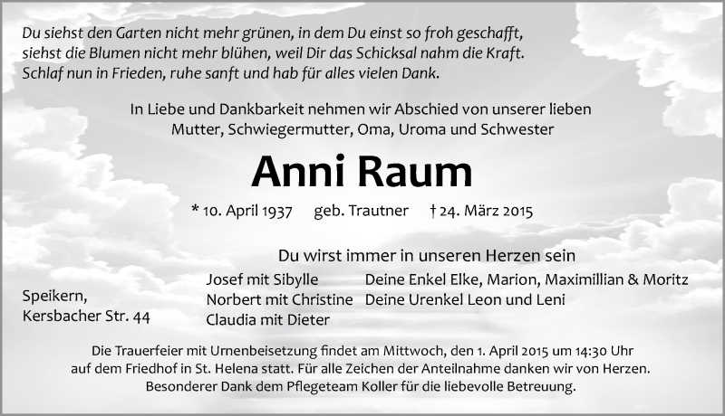  Traueranzeige für Anni Raum vom 28.03.2015 aus Pegnitz-Zeitung