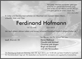 Traueranzeige von Ferdinand Hofmann von Pegnitz-Zeitung