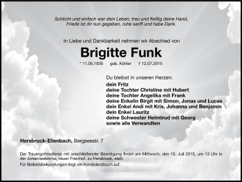 Traueranzeige von Brigitte Funk von Hersbrucker Zeitung