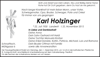 Traueranzeige von Karl Holzinger von Pegnitz-Zeitung