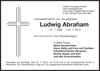 Traueranzeige von Ludwig Abraham von Der Bote