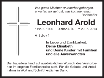 Traueranzeige von Leonhard Arold von Der Bote