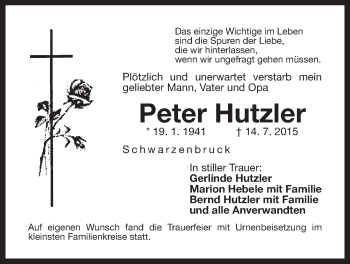 Traueranzeige von Peter Hutzler von Der Bote