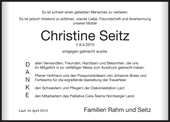Traueranzeige von Christine Seitz von Pegnitz-Zeitung