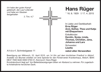 Traueranzeige von Hans Rüger von Der Bote