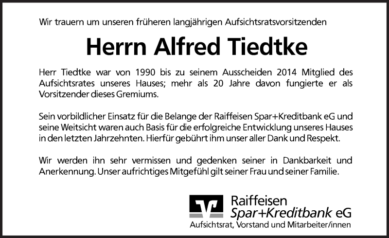  Traueranzeige für Alfred Tiedtke vom 07.02.2014 aus Pegnitz-Zeitung