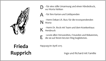 Traueranzeige von Frieda Rupprich von Hersbrucker Zeitung