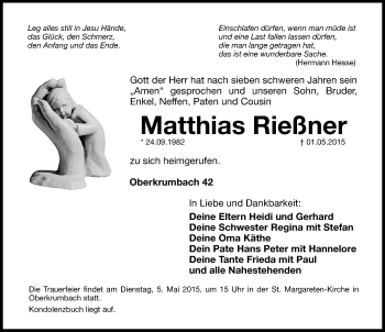 Traueranzeige von Matthias Rießner von Hersbrucker Zeitung