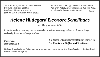 Traueranzeige von Helene Hildegard Eleonore  Schellhaas von Hersbrucker Zeitung