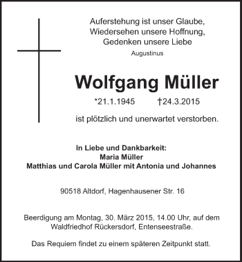 Traueranzeige von Wolfgang Müller von Der Bote