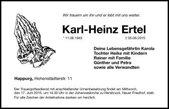 Traueranzeige von Karl-Heinz Ertel von Hersbrucker Zeitung