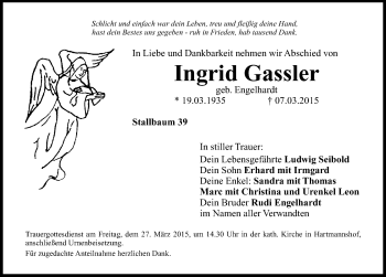 Traueranzeige von Ingrid Gassler von Hersbrucker Zeitung