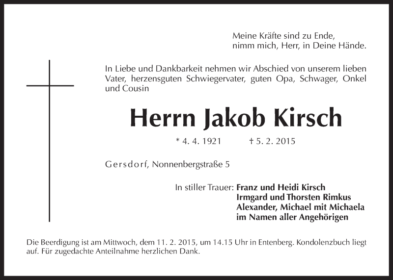  Traueranzeige für Jakob Kirsch vom 07.02.2015 aus Der Bote