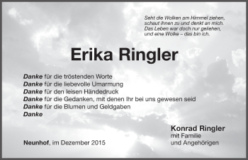 Traueranzeige von Erika Ringler von Pegnitz-Zeitung