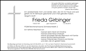 Traueranzeige von Frieda Girbinger von Hersbrucker Zeitung