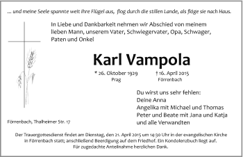 Traueranzeige von Karl Vampola von Hersbrucker Zeitung