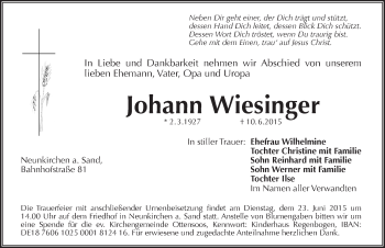 Traueranzeige von Johann Wiesinger von Pegnitz-Zeitung