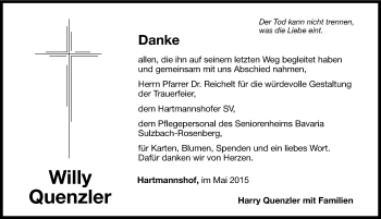 Traueranzeige von Willy Quenzler von Hersbrucker Zeitung