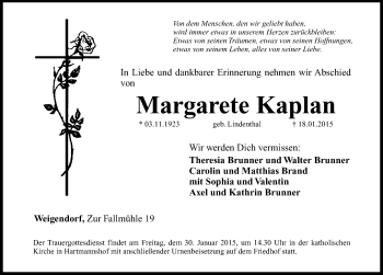 Traueranzeige von Margarete Kaplan von Hersbrucker Zeitung