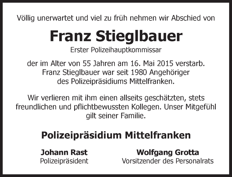  Traueranzeige für Franz Stieglbauer vom 21.05.2015 aus Der Bote