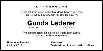 Traueranzeige von Gunda Lederer von Hersbrucker Zeitung