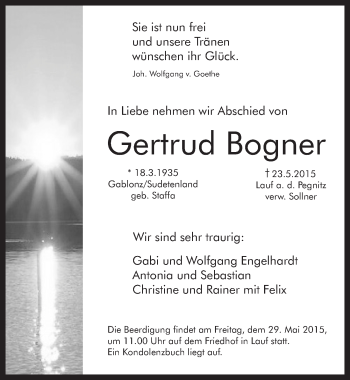 Traueranzeige von Gertrud Bogner von Pegnitz-Zeitung