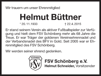 Traueranzeige von Helmut Büttner von Pegnitz-Zeitung