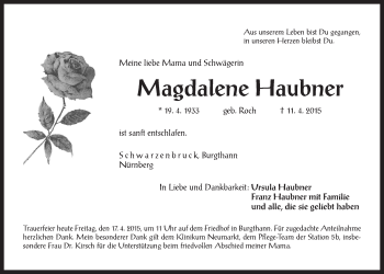 Traueranzeige von Magdalene Haubner von Der Bote
