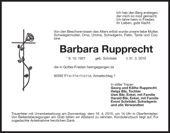 Traueranzeige von Barbara Rupprecht von Der Bote