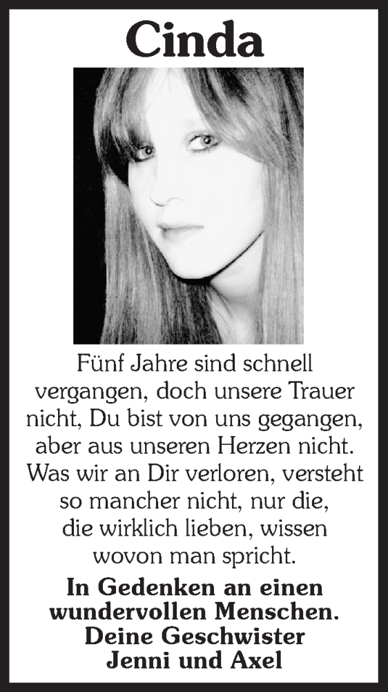  Traueranzeige für Cinda  vom 16.11.2015 aus Hersbrucker Zeitung
